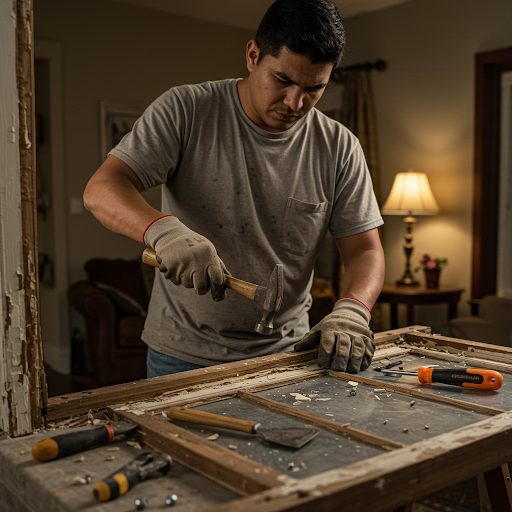 Repairing a damaged home window frame.